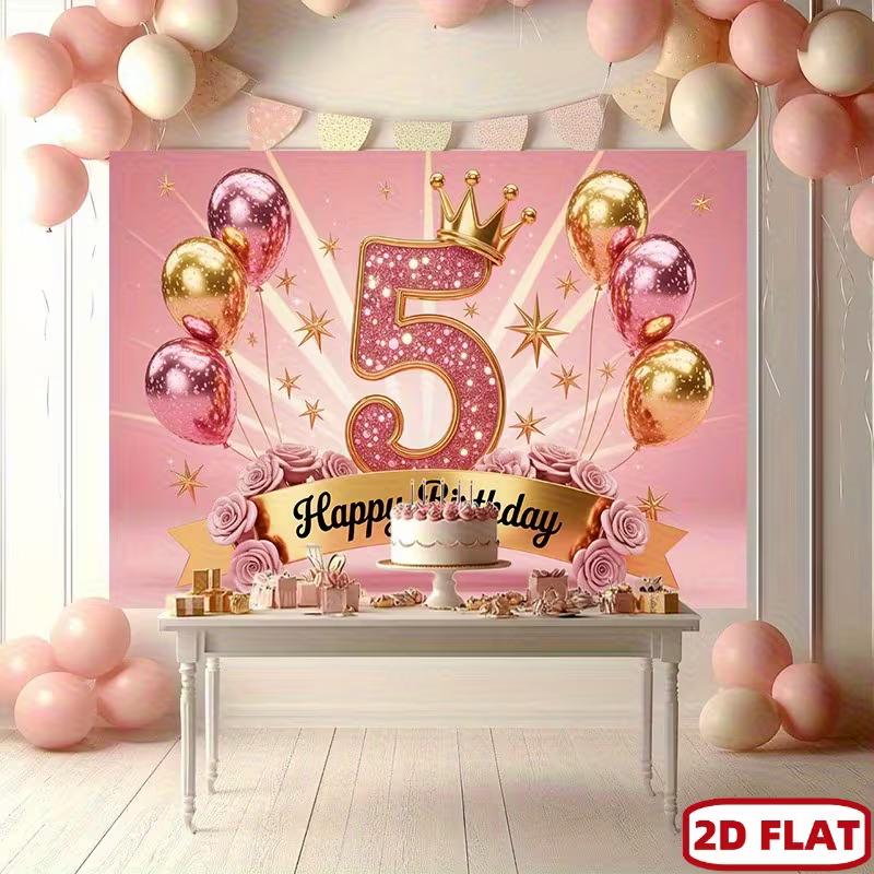 2D Pink & Gold 5th Birthday Backdrop with Crown & Flowers for Toddler Party