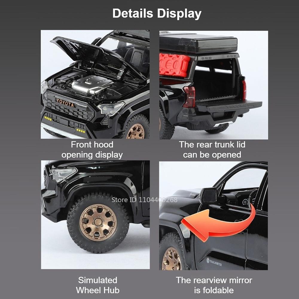 Scale 1:24 TACOMA Tundra Car Model Toy Metal Diecast Exquisite Interior Vehicle Pull Back Sound Light Pickup Models Boys Toys