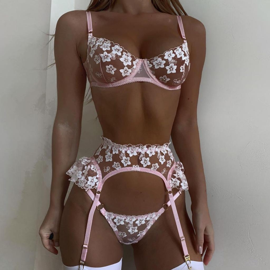 Dámská sada elegantního síťovaného spodního prádla podprsenka+podvazek+slipy Set Babydoll vystřihovánky na spaní
