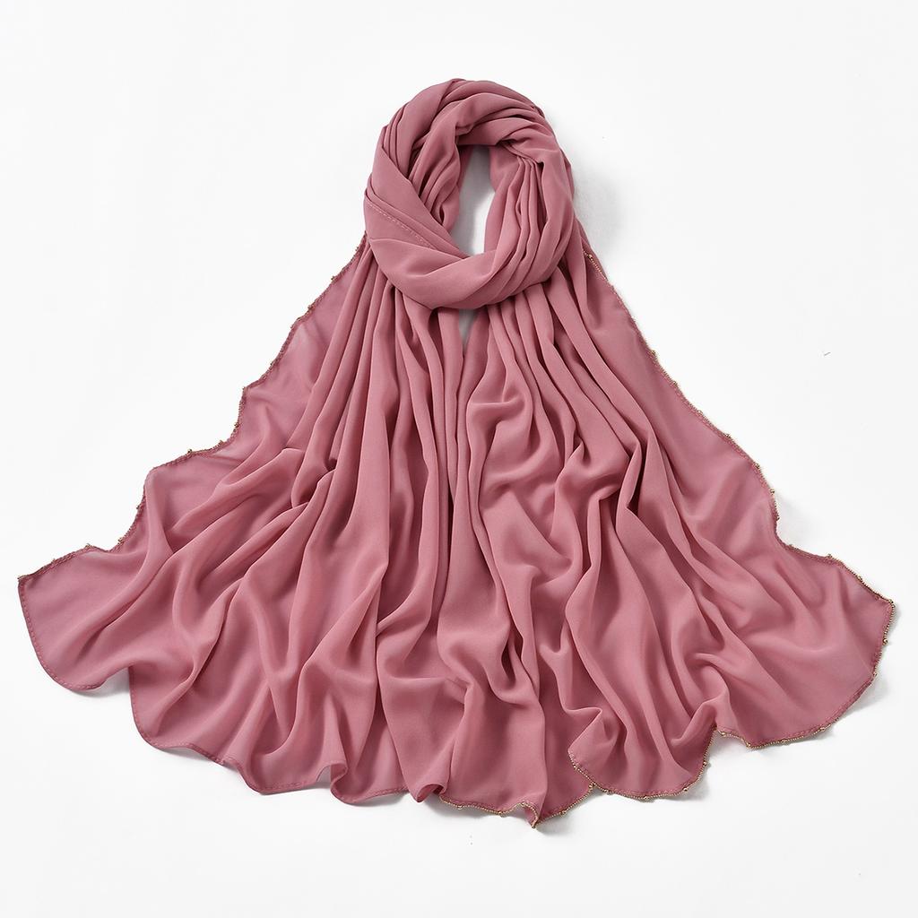 Muslim Chiffon Hijab Women Glitter Chain Edge Premium Chiffon Scarf Solid Color Plain Shawl Unique Edge Design Headscarf Wraps