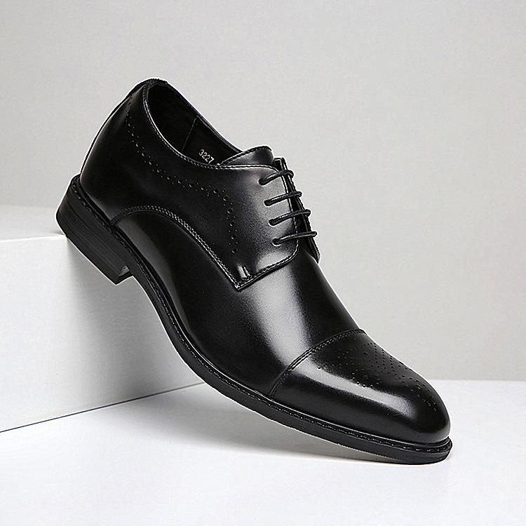 New Japanese Genuine Leather Brogue Business Formal Wear Leather Shoes Men's Height Increasing Insole Casual Oxford Square Toe Fashion Shoes