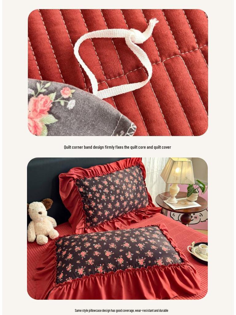 Spring/Summer Washed Cotton Lace Quilt Bedspread Set - 4 Pieces, Machine Washable