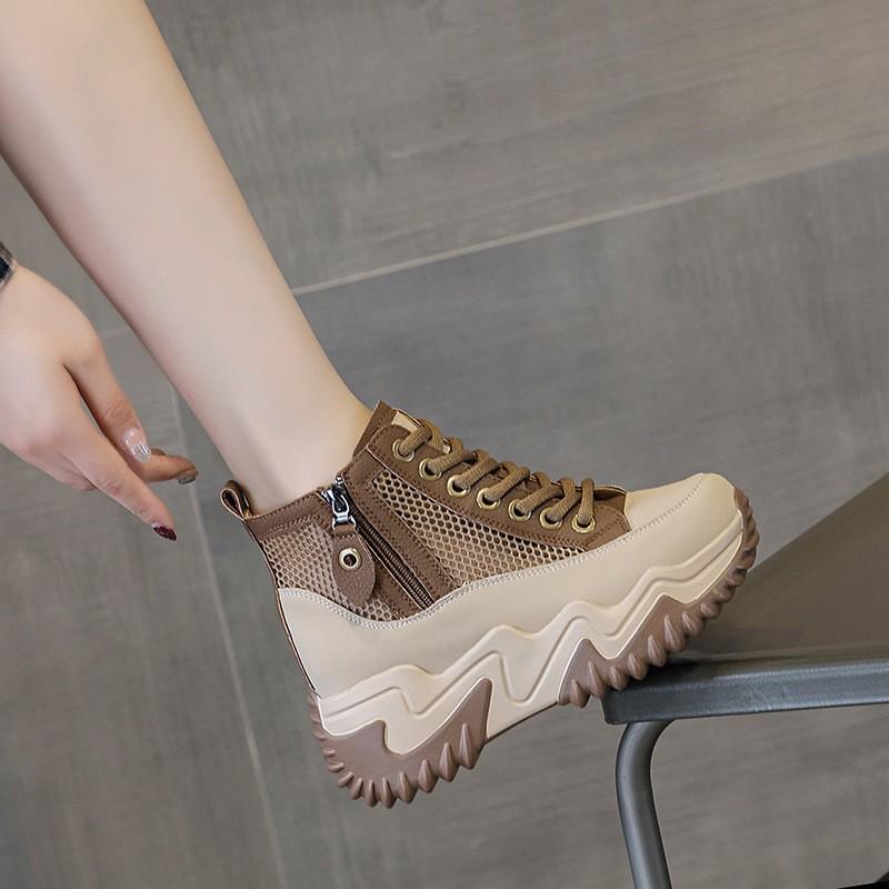 Autumn and winter new thick-soled cm height-increasing casual women's cotton shoes trendy short boots lace-up zipper high-top women's shoes