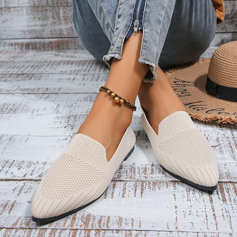 Elegant Office Women Loafers Ladies Hollow Knitting Breathable Solid Color Pointed Toe Mesh Shallow Mouth Flat Casual Shoes