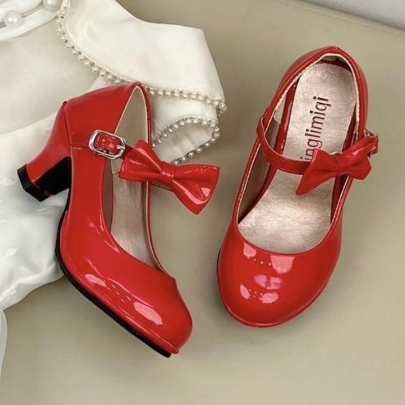 

Туфли из искусственной кожи для девочек, осенние босоножки с бантом, детская обувь, туфли на высоком каблуке, милые сандалии принцессы для девочек 35 красный