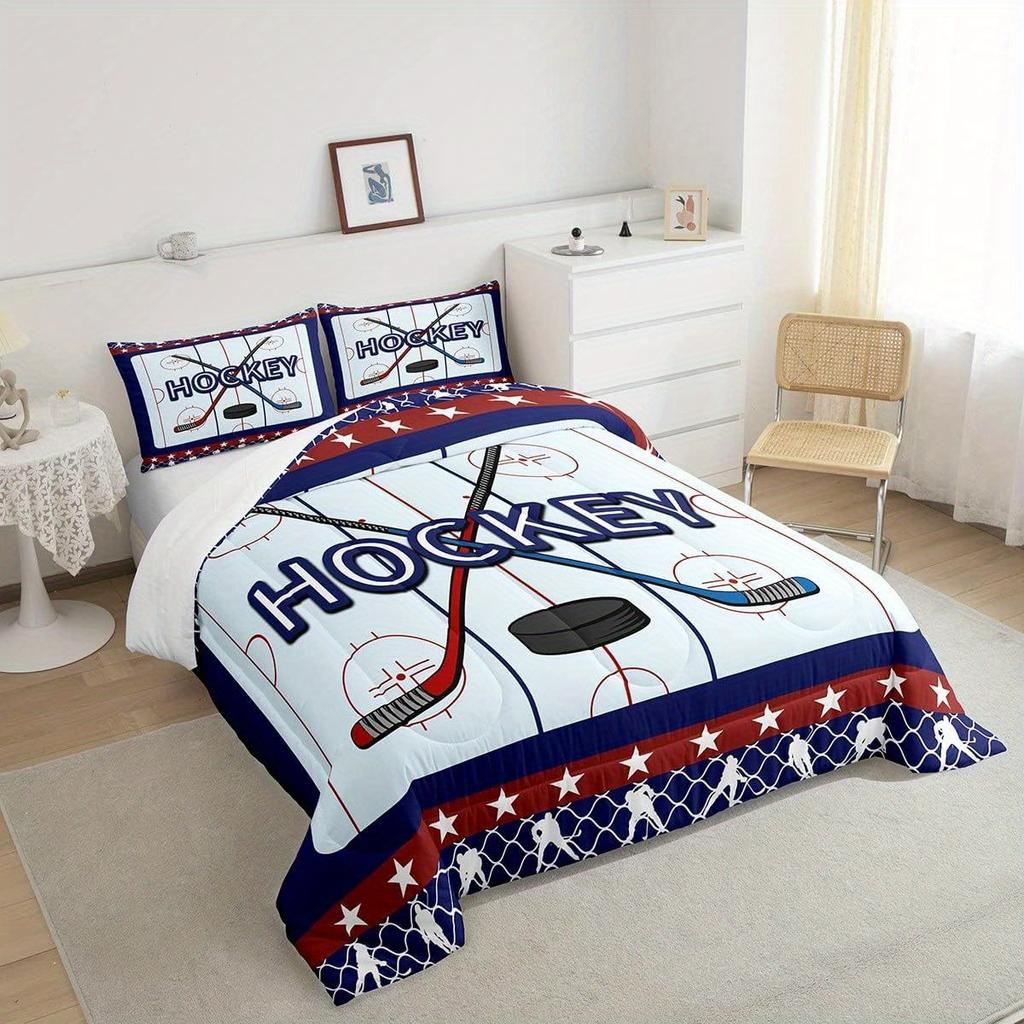 2/3Pcs Ice Hockey Player Comforter Set Hockey Pucks Field Quilted Bedding With Pillowcases Twin Full Queen Size For Christmas