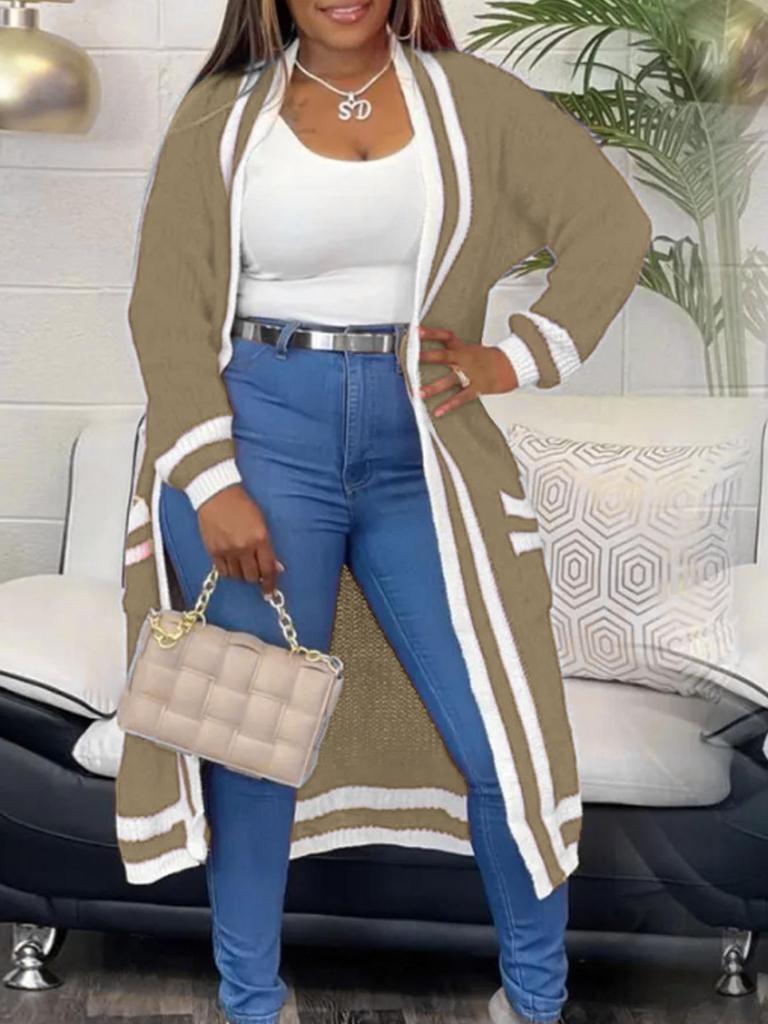 Plus Size Color Block Stripe Knit Cardigan - Women's Spring/Autumn Fashion 2025