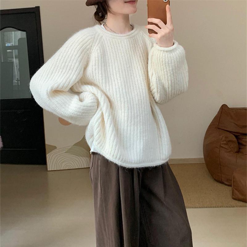 DAFIFY Women's Fashion Casual Fall Winter Solid Color Print Long Sleeve O-Neck Sweaters