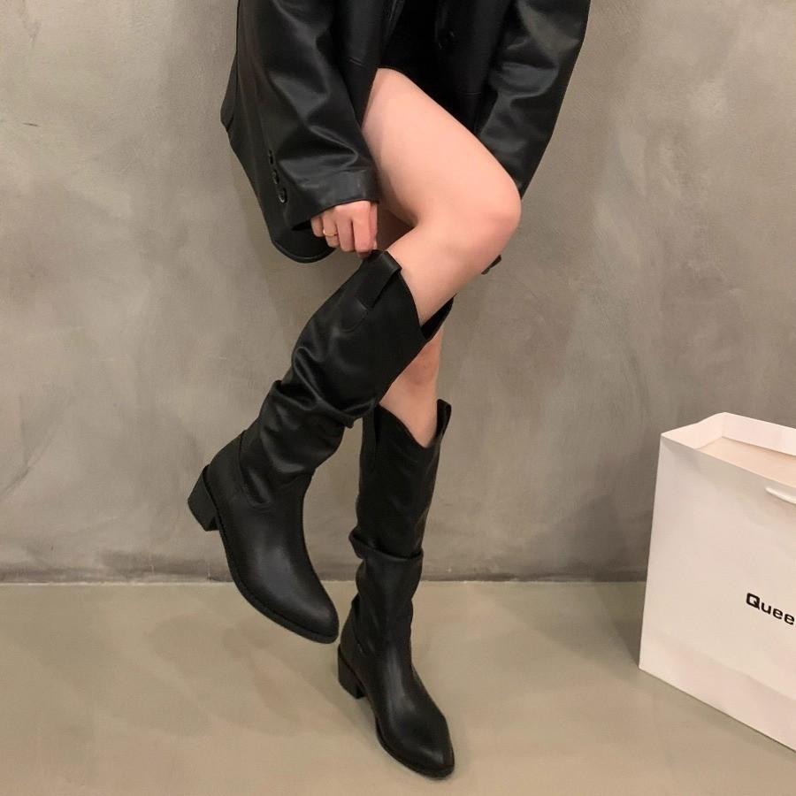 Retro Brown V-mouth Stack Medium Tube Knight Boots Women's Shoes 2025 Spring and Autumn Winter Pointed Western Cowboy~ Long Boots
