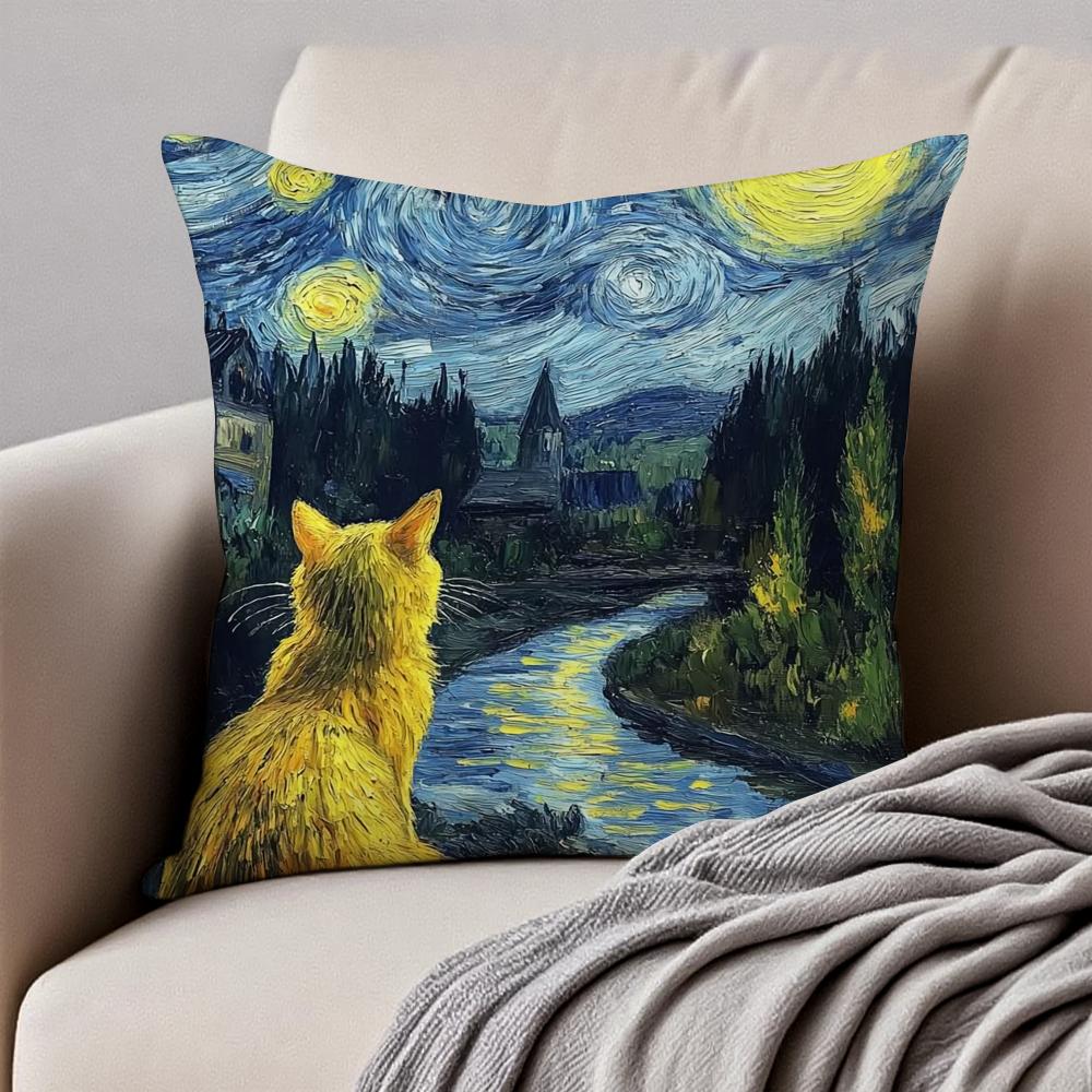 Van Gogh Starry Sky Dutch Painting Art Cushion Cover Pillowcase Antidustmite Invisible Zipper Short Plush Sofa Cushion