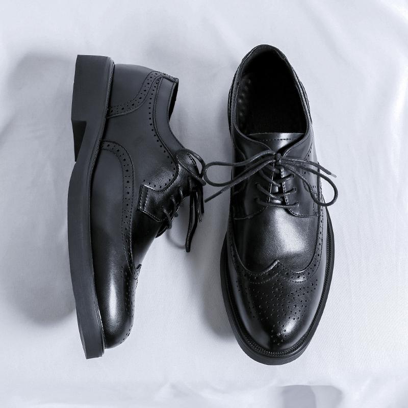 Fashionable Men's Classic Black Block Formal Work Leather Shoes Brand Men's Lace Up Comfortable Business Carved Leather Shoes