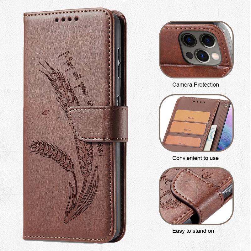3D Embossed Food Retro Leather Phone Wallet Case Book Stand For iPhone 17 16 Pro Max Samsung Xiaomi 15T Redmi 13 Honor 400 Oppo Card Holder Flip Cover