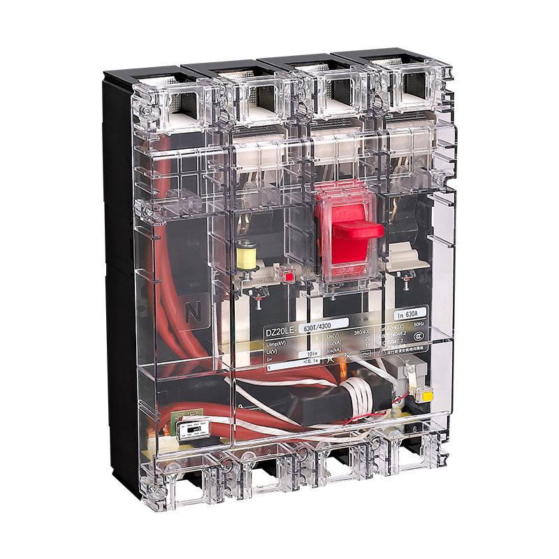 Transparent 4P Residual Current Circuit Breaker DZ20L-630T/4300, 630A, Three-Phase Electric, Four-Wire.