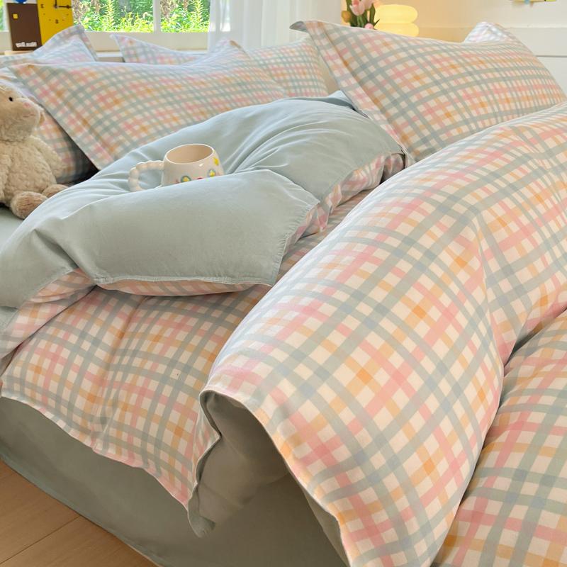 Soft 100 Percent Washed Cotton Blue Plaid Duvet Cover Set King Queen Size Comforter Cover And Sheet Bedding