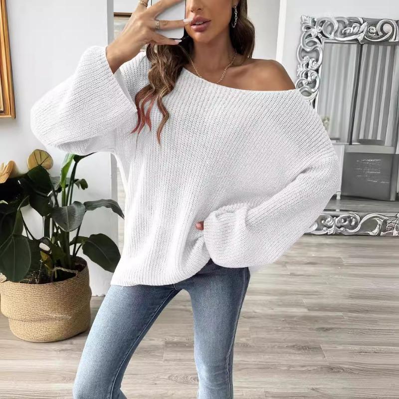 Women Loose Off Shoulder Boat Neck Flare Sleeve Pullover Knit Sweater