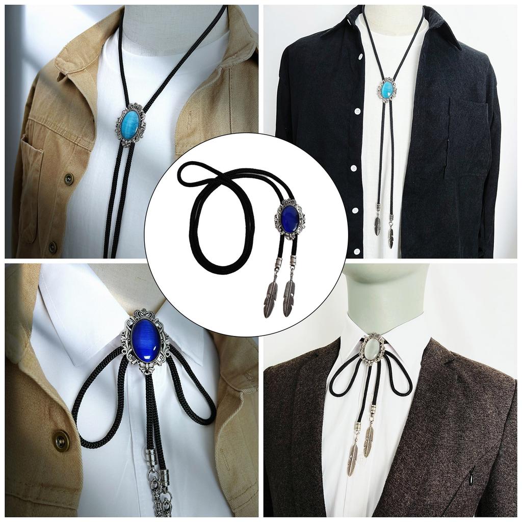 Men Vintage Bolo Tie Western Cowboy Antique Stone Feathered Pendant Shirt Collar Jewelry Braided Rope Necktie Neckwear