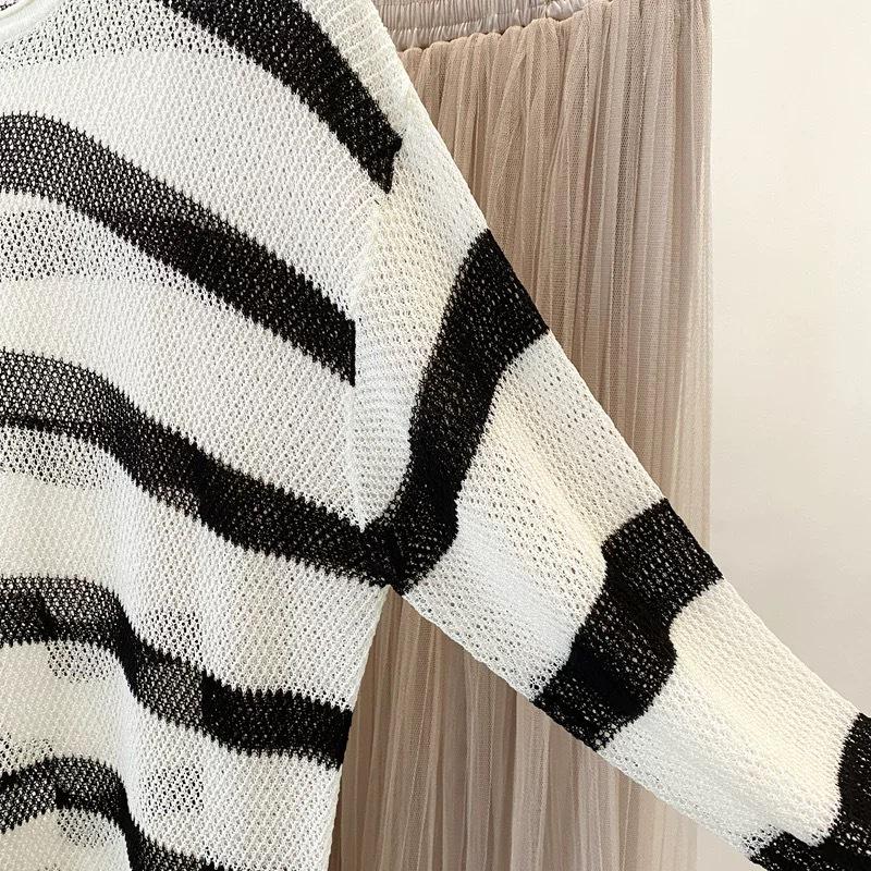 Women's Summer Striped Linen Knitwear: Openwork Long Sleeve Loose T-shirt Cardigan