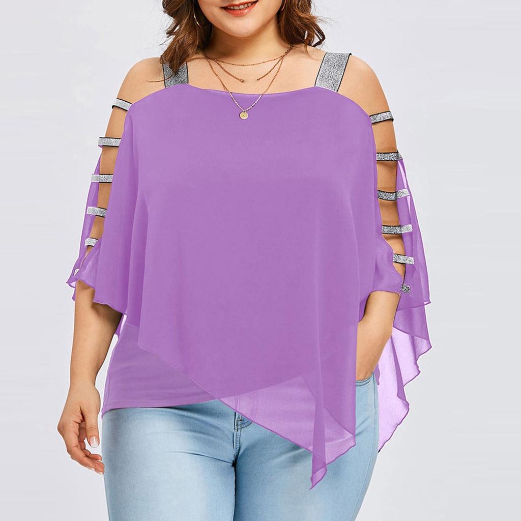 Sexy Women Fashion Plus Size Ladder Cut Overlay Asymmetric Blouse Strapless Tops