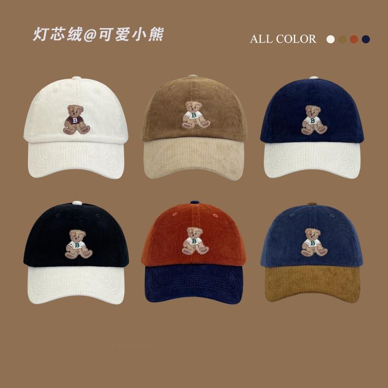 Cute bear corduroy baseball cap children autumn and winter new contrasting color splicing versatile cap men