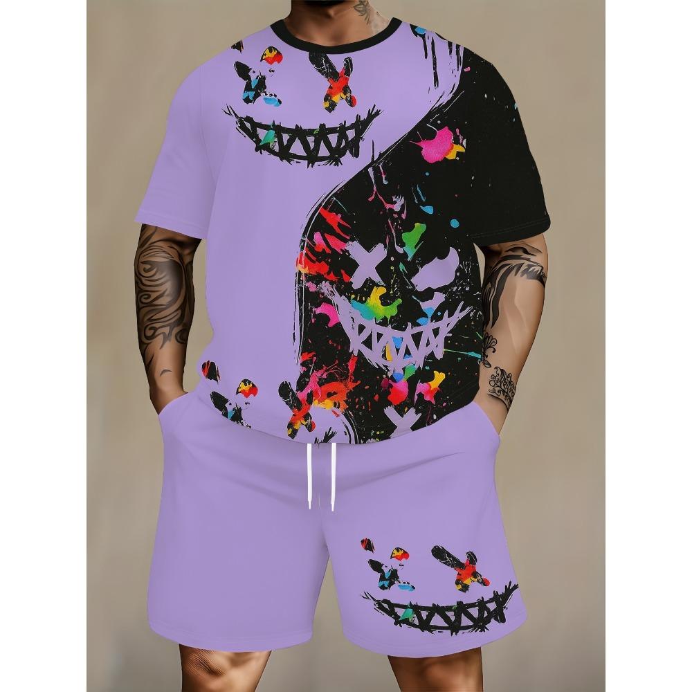 Summer men s 3D printed round neck short sleeved shorts sports suit 2XS