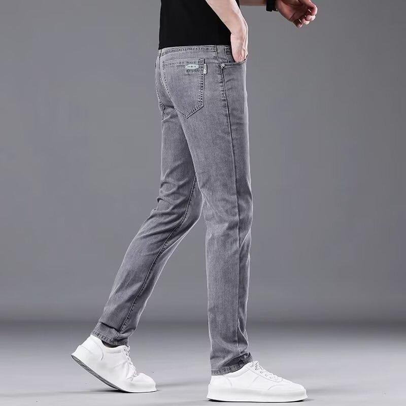 Summer thin smoke gray jeans men's slim straight trendy brand men's elastic pants versatile casual long pants