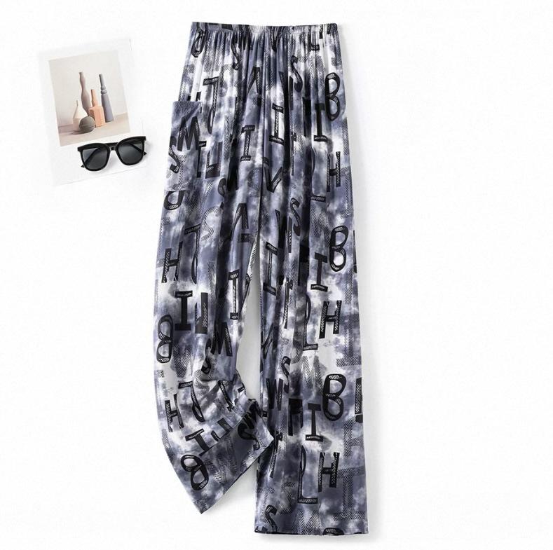Summer men's cotton and silk pajama pants plaid home pants loose can be worn outside beach long pants youth artificial cotton