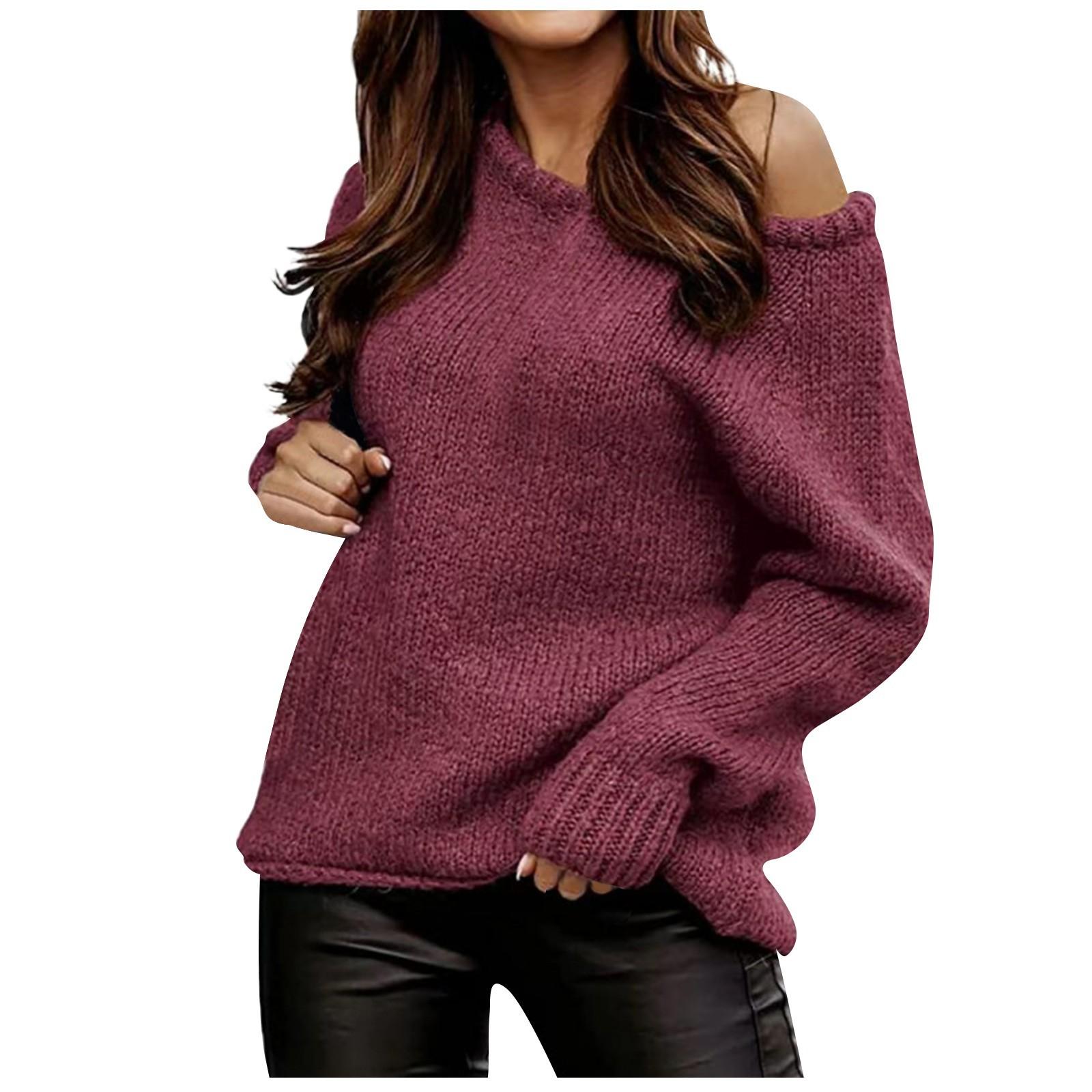

Women s Autumn/Winter Off Shoulder Sexy Round Neck Pullover Knitwear Solid Color Casual Loose Large Sweater XL винный