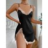 1 Pc Solid Satin Lace Trim Nightgown, Sexy V Neck Side Split Cross Strappy Backless Mini Slip Dress, Women's Sleepwear 140/150g