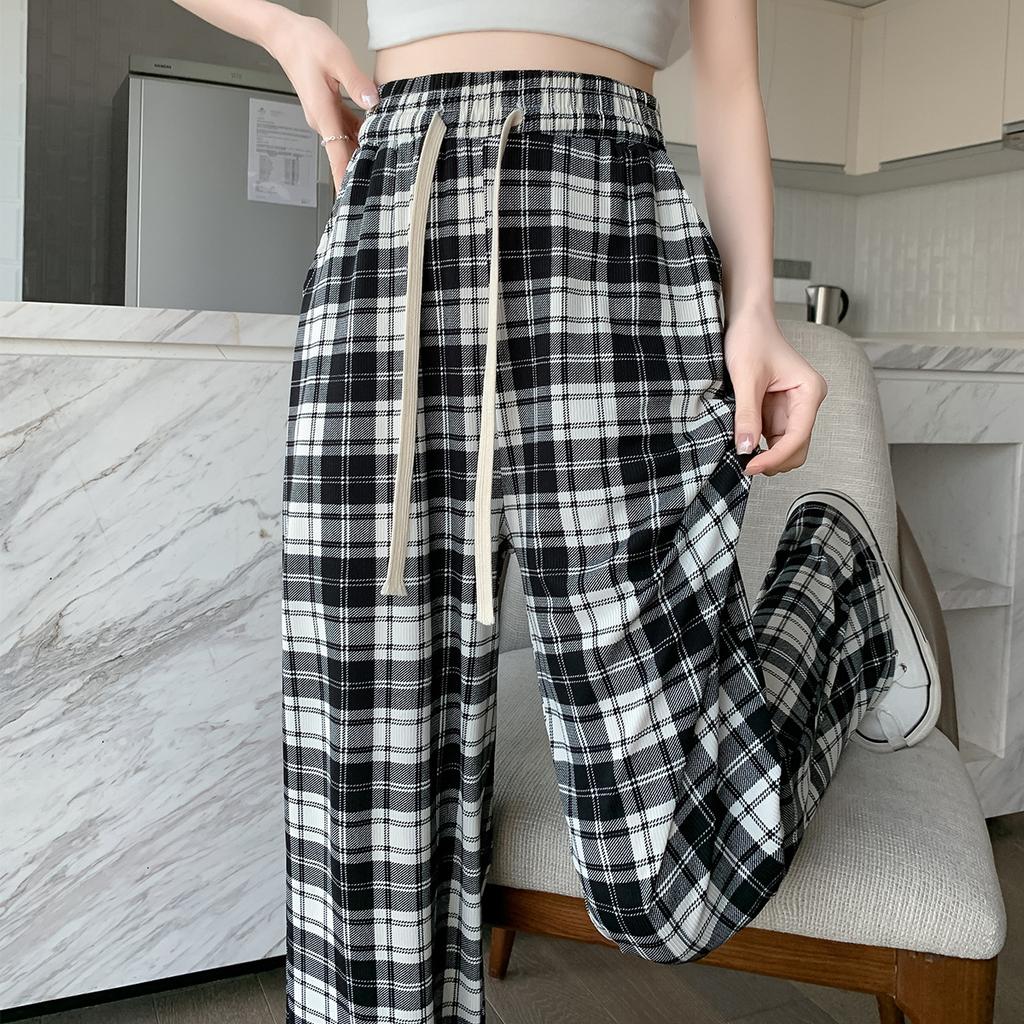 Ice Silk Wide-leg Pants for Women In Summer Thin Latest High-waisted Slim Casual Narrow Version Straight Plaid Women's Pants Spring and Autumn
