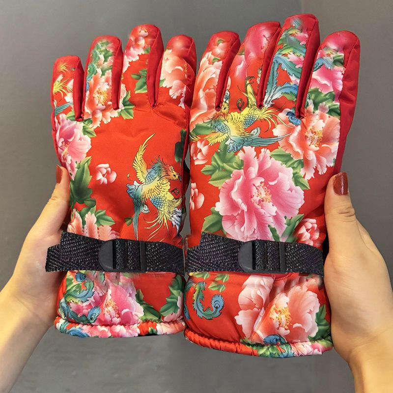 Ski gloves Northeast big flower couple winter warm and fleece waterproof winter outdoor electric vehicle riding gloves