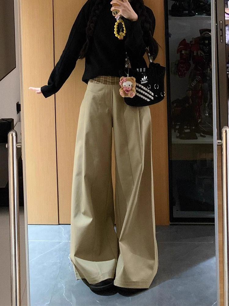 

Женские повседневные брюки цвета хаки с контрастными вставками, широкие, в гонконгском стиле, длиной до пола, для осени/зимы Extra Large хаки