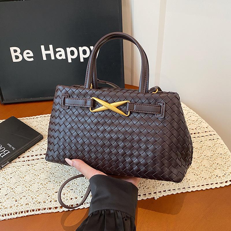 New French woven bag femininity versatile commuter handbag metal bow shoulder messenger bag