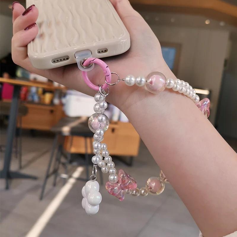 Mobile Phone Lanyard Short Style Wrist Pendant Pearl Chain Bow Flower Pendant Decoration Universal Phone Case Anti Loss Lanyard