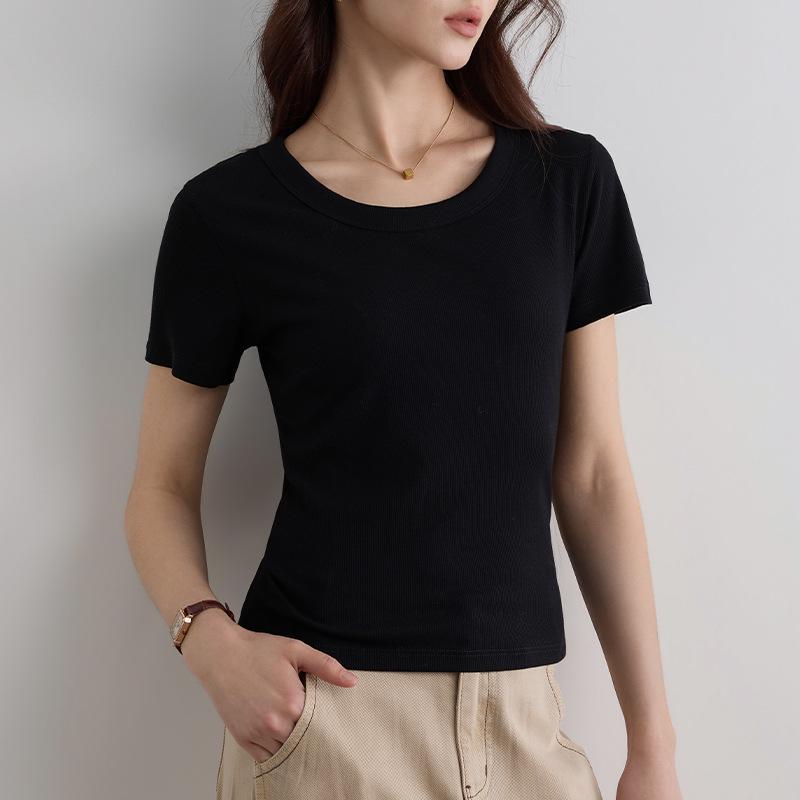 Damen Sommer 2025 Schlank geschnittenes geripptes U-Ausschnitt T-Shirt - Vielseitig Große Größen, Hohe Elastizität, Kurzarm Basis-Top