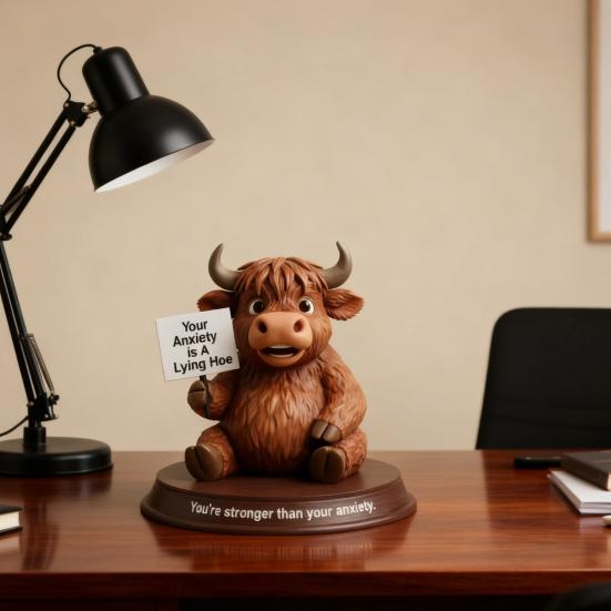 Highland Cow Figurine Emotional Support Highland Cow Statue Resin Cow Ornament with Funny Quotes Straight-Talking Companion for Desk Bookshelf Decor