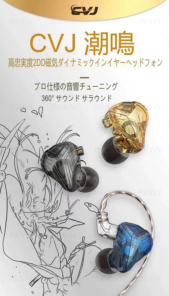 CVJ Wired Earphones, Ear Hook, 2DD In-Ear Earphones, 2-Pin, Detachable Re-cable Design, 3.5mm Plug, Compatible with iPhone/Android (Black, with Mic)