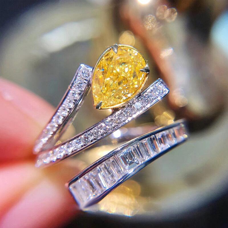 Eleganter Gelber Wassertropfenförmiger Kristall Strass Zirkon Damenring für Frauen Party Hochzeit Verlobung Schmuck Größe 6-10