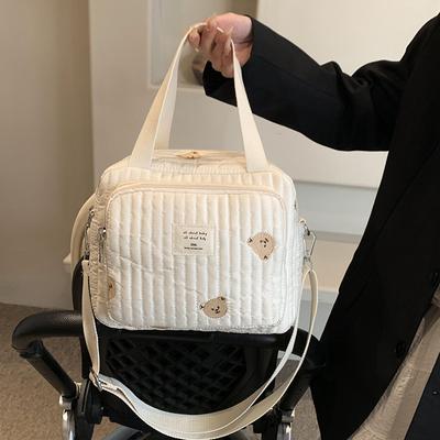 Cute Bear Flower Embroidery Pattern Baby Beige Cotton Fabric Zipper Diaper Handbag New Luggage Bag Handheld Mommy Bag
