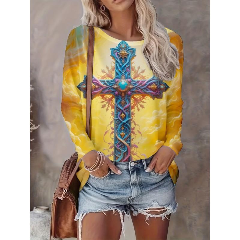 Womens Casual Abstract Print Long Sleeve Crew Neck T-Shirt 3D Effect 2025 Comfort Fit