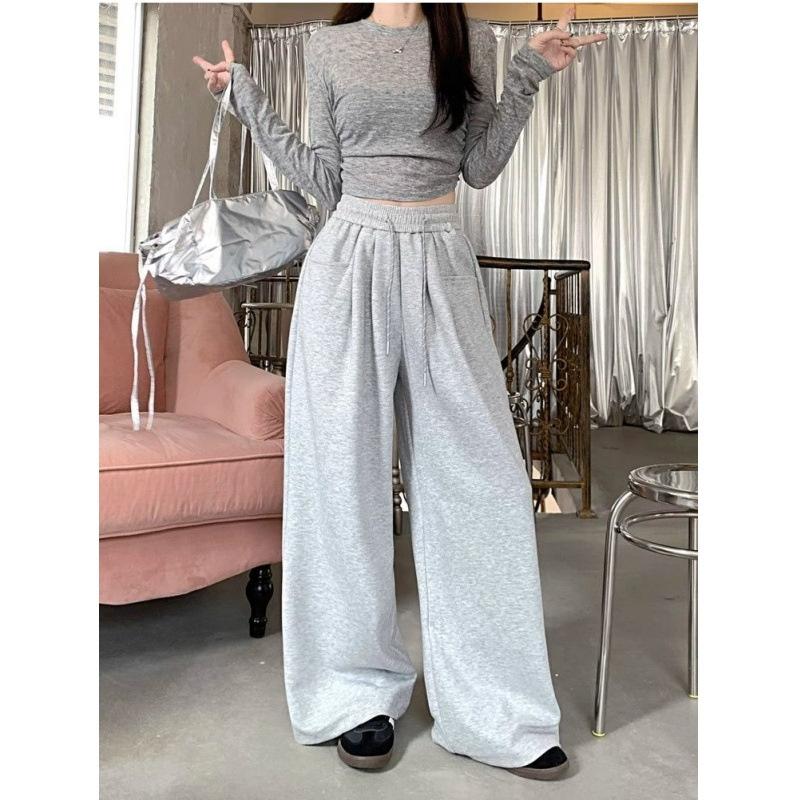 New solid color wide-leg pants, loose and drapey casual long pants for women, autumn drawstring straight pants
