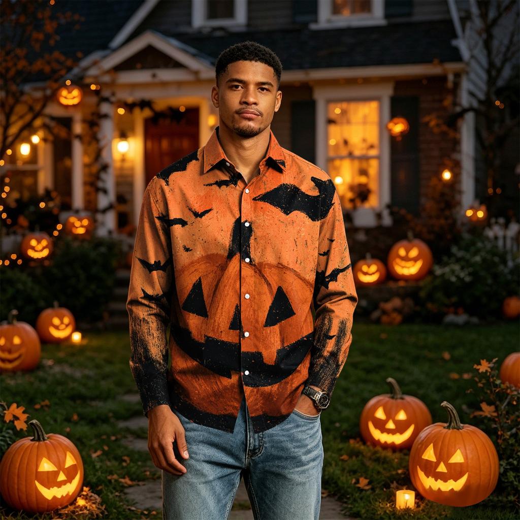 Men's Long Sleeve Button Down Shirt Halloween Print Casual Fit Shirt for Party