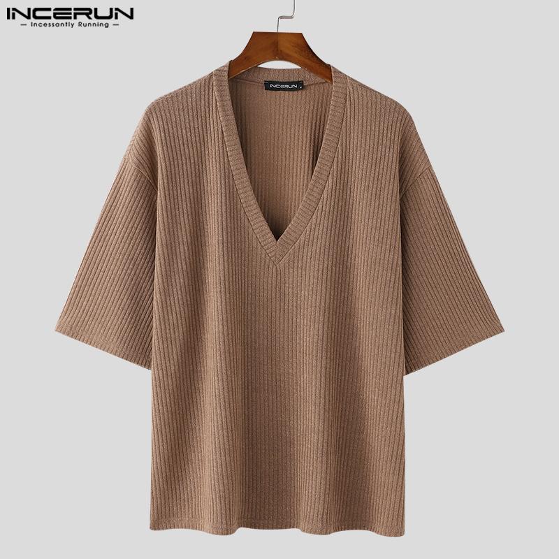 INCERUN Bărbați Deep V Jumătate cu mânecă lungă tricotată Casual Top cu coaste