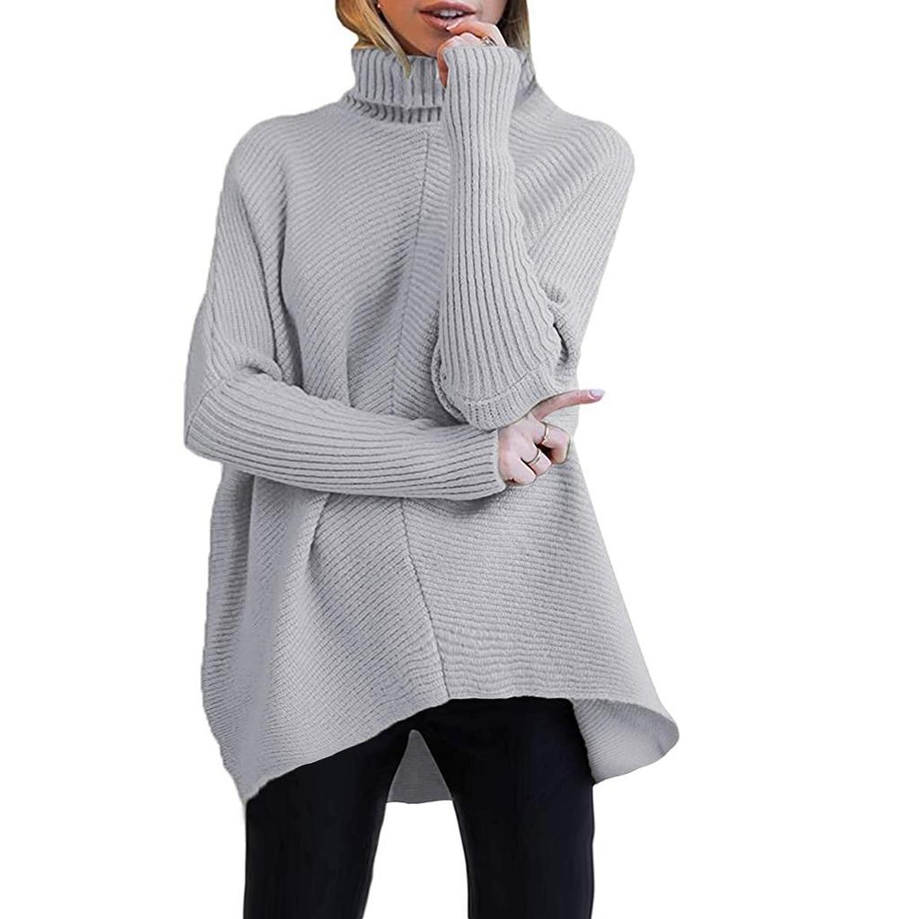 Damen-Pullover, lockerer, einfarbiger, unregelmäßiger Saum, Stehkragen, langärmliger Strickpullover