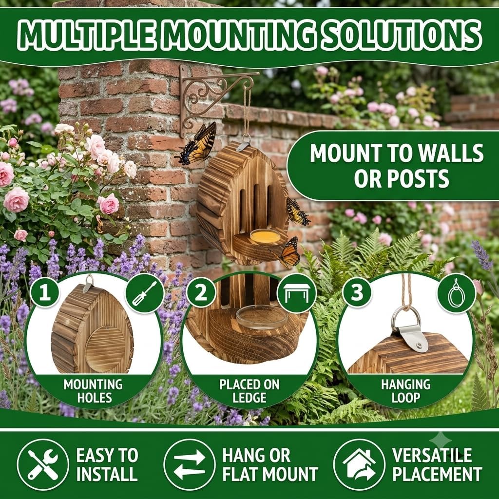 Wooden Butterfly House Habitat & Feeder for Garden Teardrop-Shaped Hanging Nesting Box for Moths & Lacewings Outdoor Backyard Decor with Rope