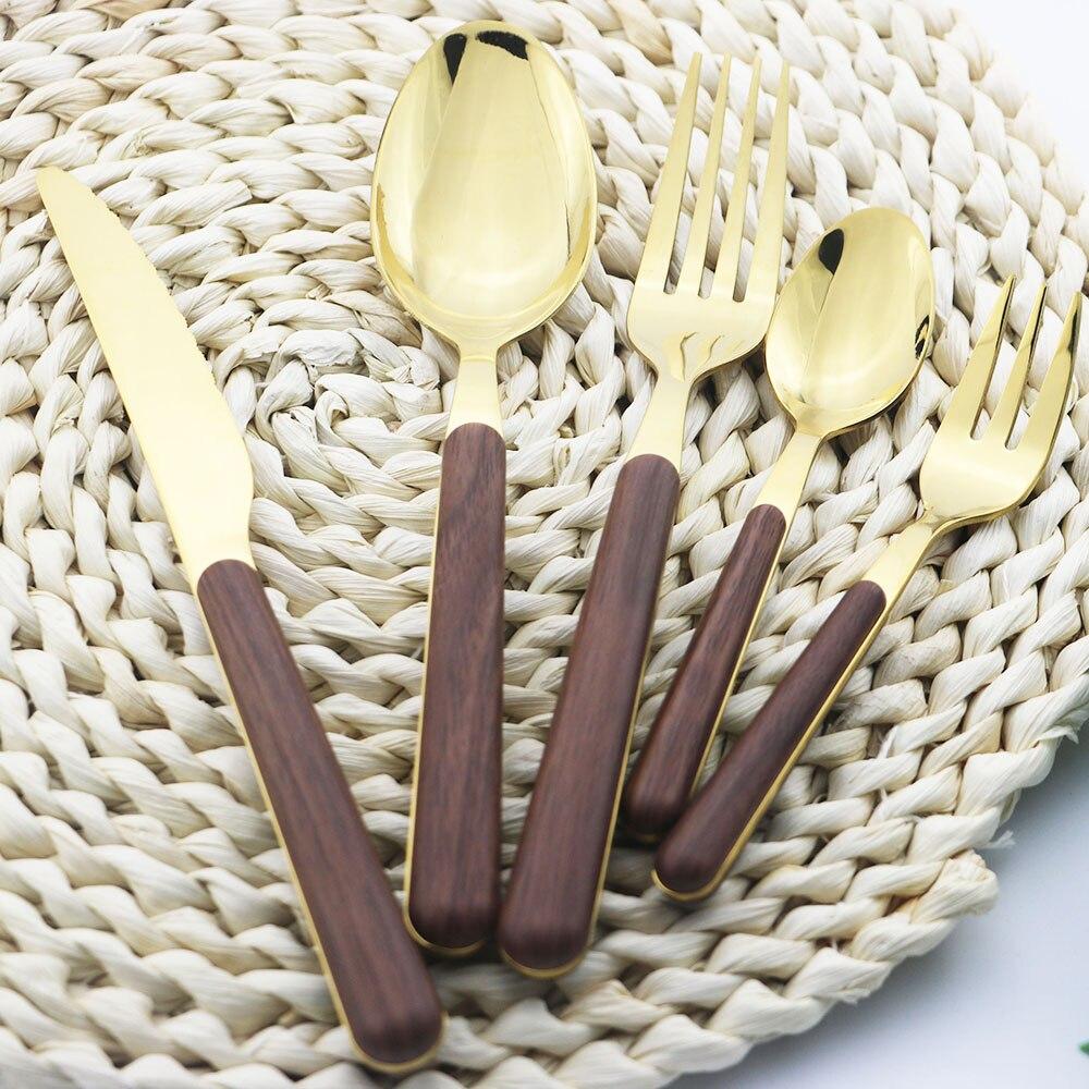 4Pcs Faux wooden effect handle Dinnerware Set Stainless Steel Cutlery Set Tableware Dinner Knife Fork Teaspoons Flatware