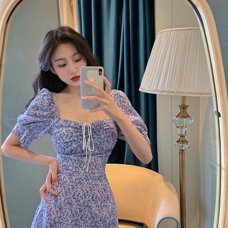 2026 summer new short-sleeved chiffon retro bubble sleeve square collar collarbone dress girl style new Chinese style