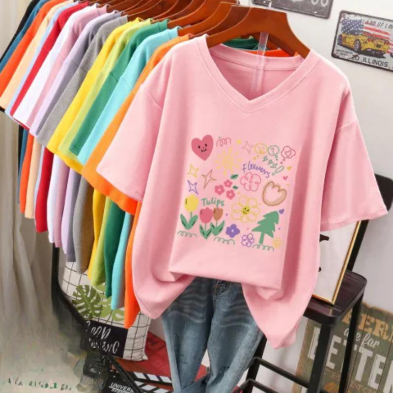 Kurzärmeliges T-Shirt, Locker sitzend, Schlankmachendes bedrucktes V-Ausschnitt-Top für Damen