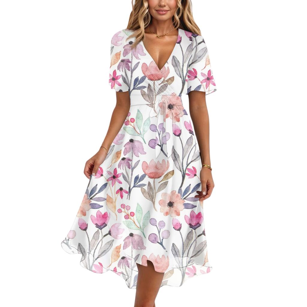 Damenmode Lässig V-Ausschnitt Kurzarm Rüschen Vintage Bedruckte Kleider