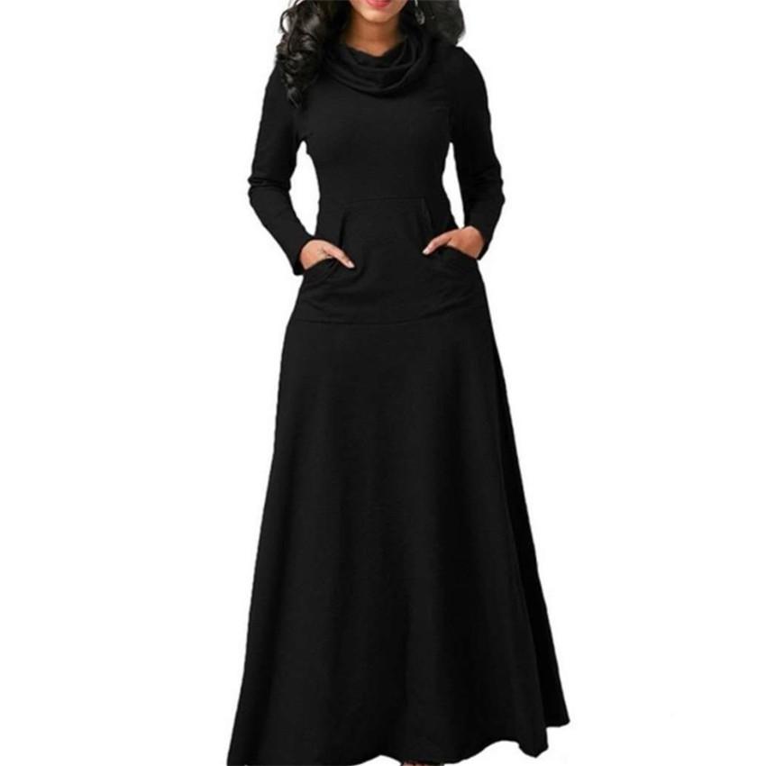 Autumn and winter solid color patchwork interface pocket neck long dress autumn and winter long dress