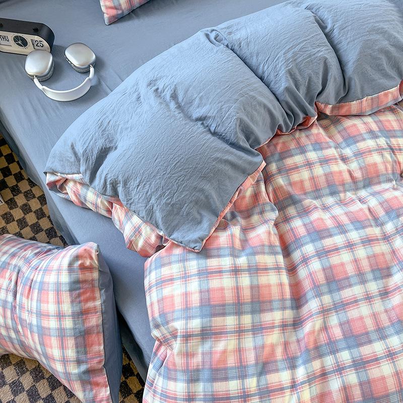 Washed Skin-friendly Bedding Set Sheet Pillowcase Quilt Cover Lattice